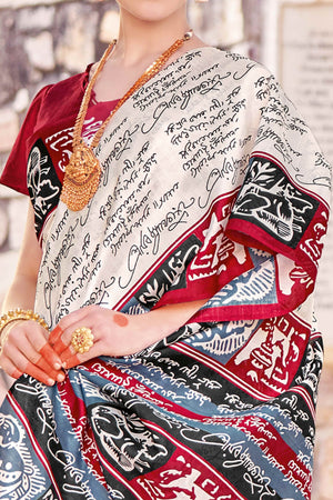 White Printed Bhagalpuri Silk Saree