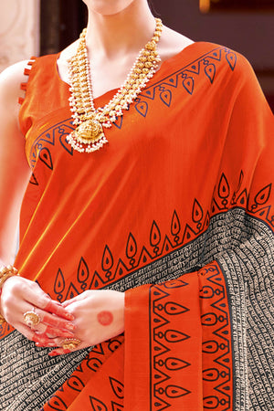 Orange Printed Bhagalpuri Silk Saree