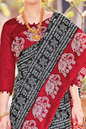 Black & Red Printed Bhagalpuri Silk Saree