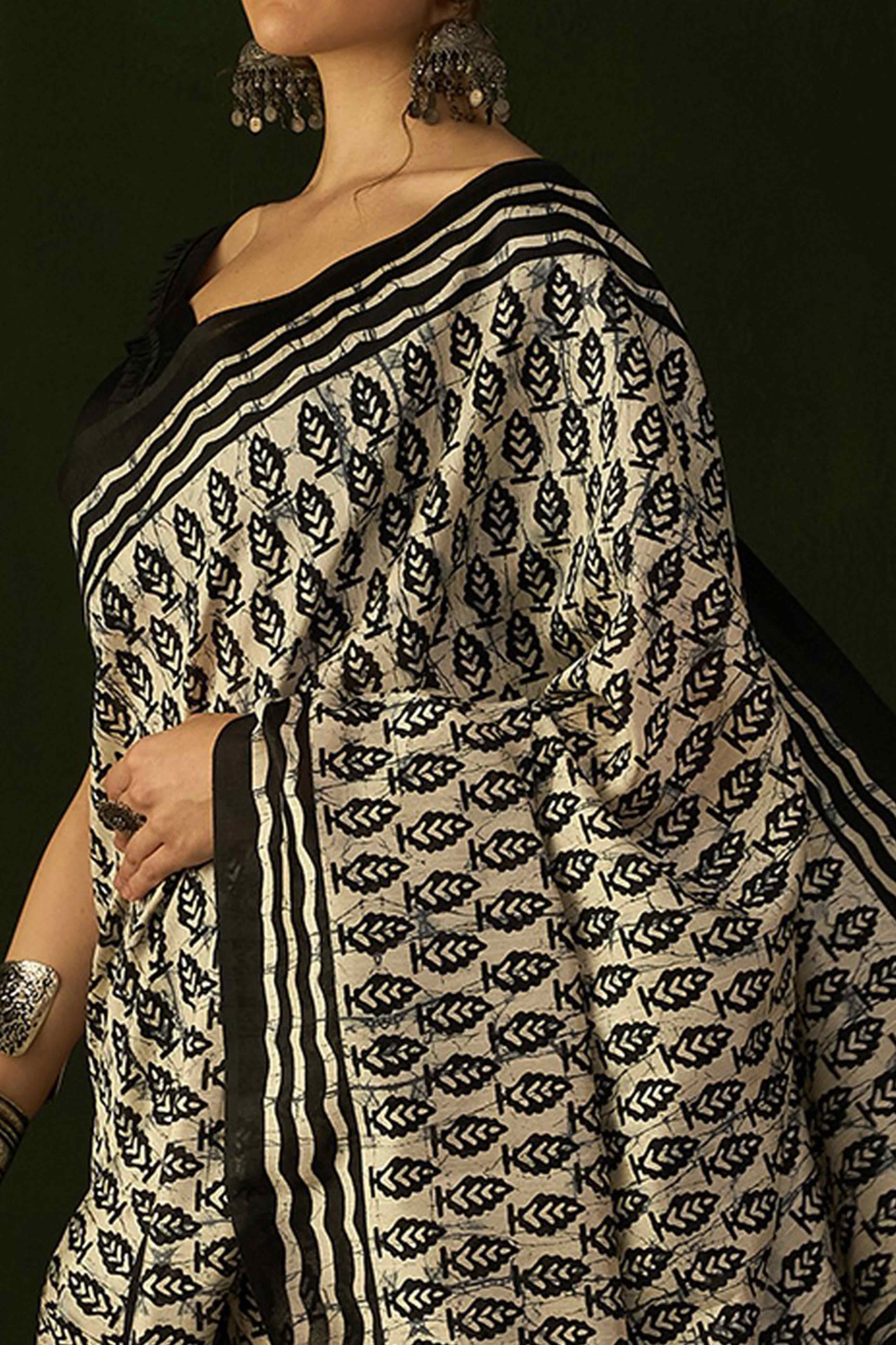 45Black & Beige Printed Bhagalpuri Silk Saree