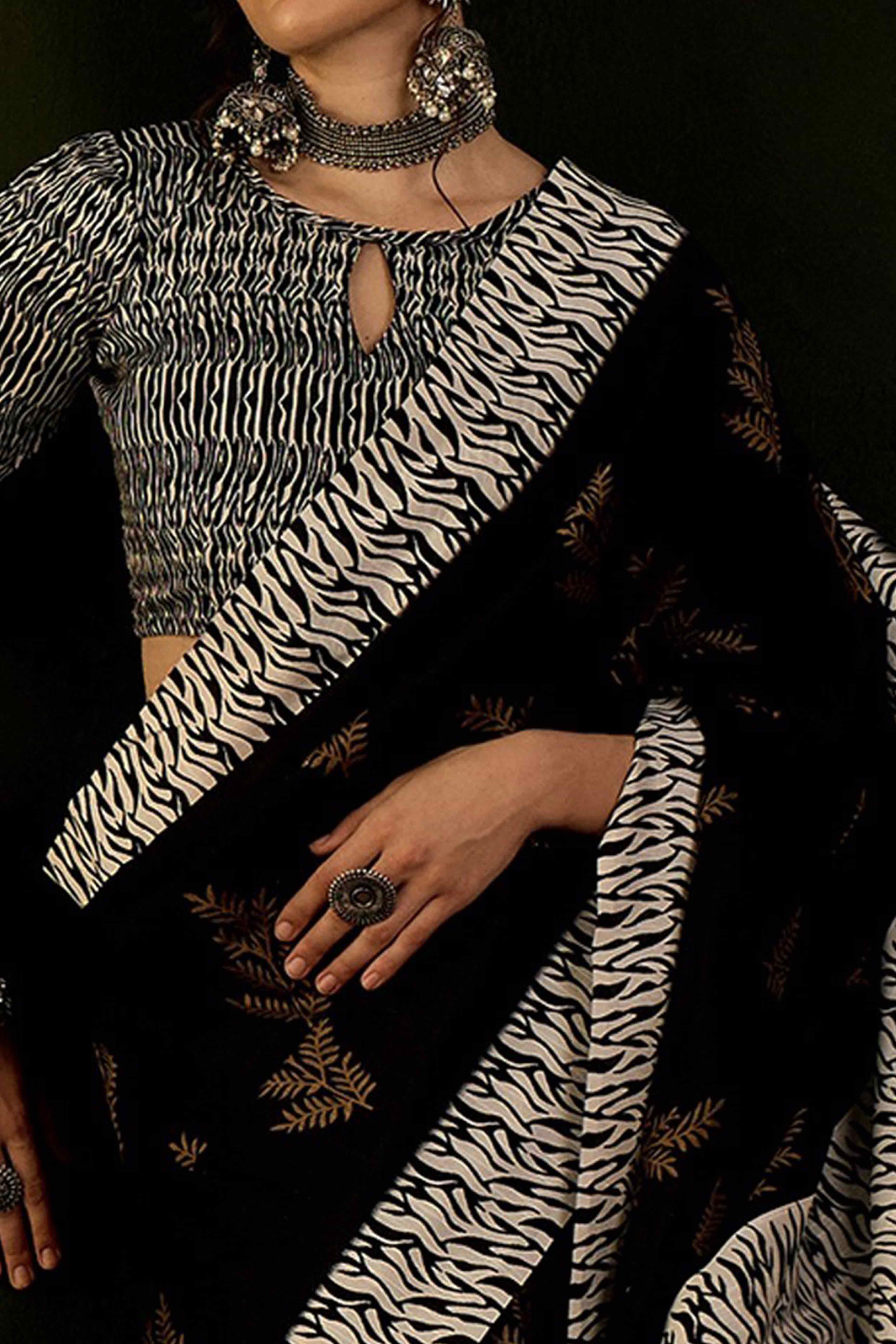 Black & White Printed Bhagalpuri Silk Saree