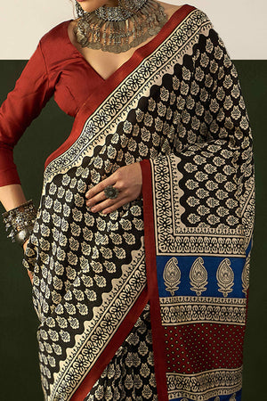 Black & Beige Printed Bhagalpuri Silk Saree