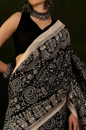 Black & Beige Printed Bhagalpuri Silk Saree