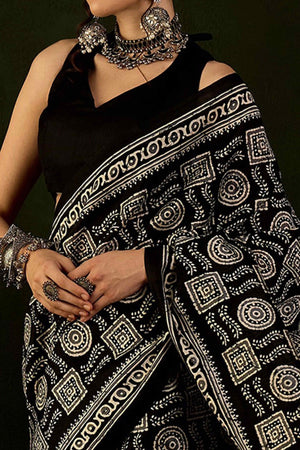 Black Printed Bhagalpuri Silk Saree