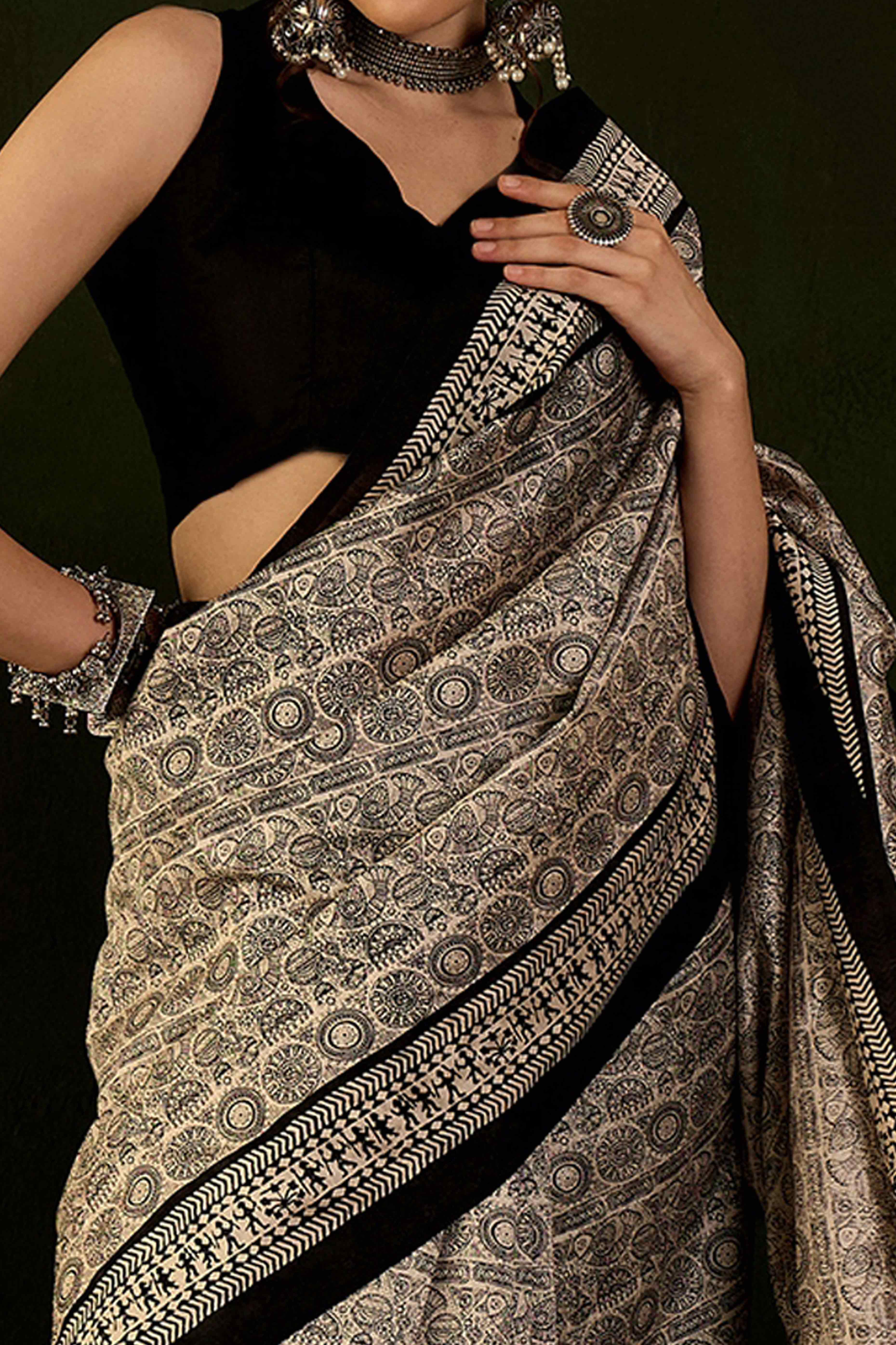 Beige & Black Printed Bhagalpuri Silk Saree