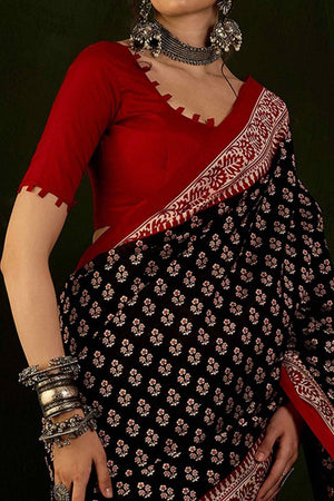 Black & Red Printed Bhagalpuri Silk Saree