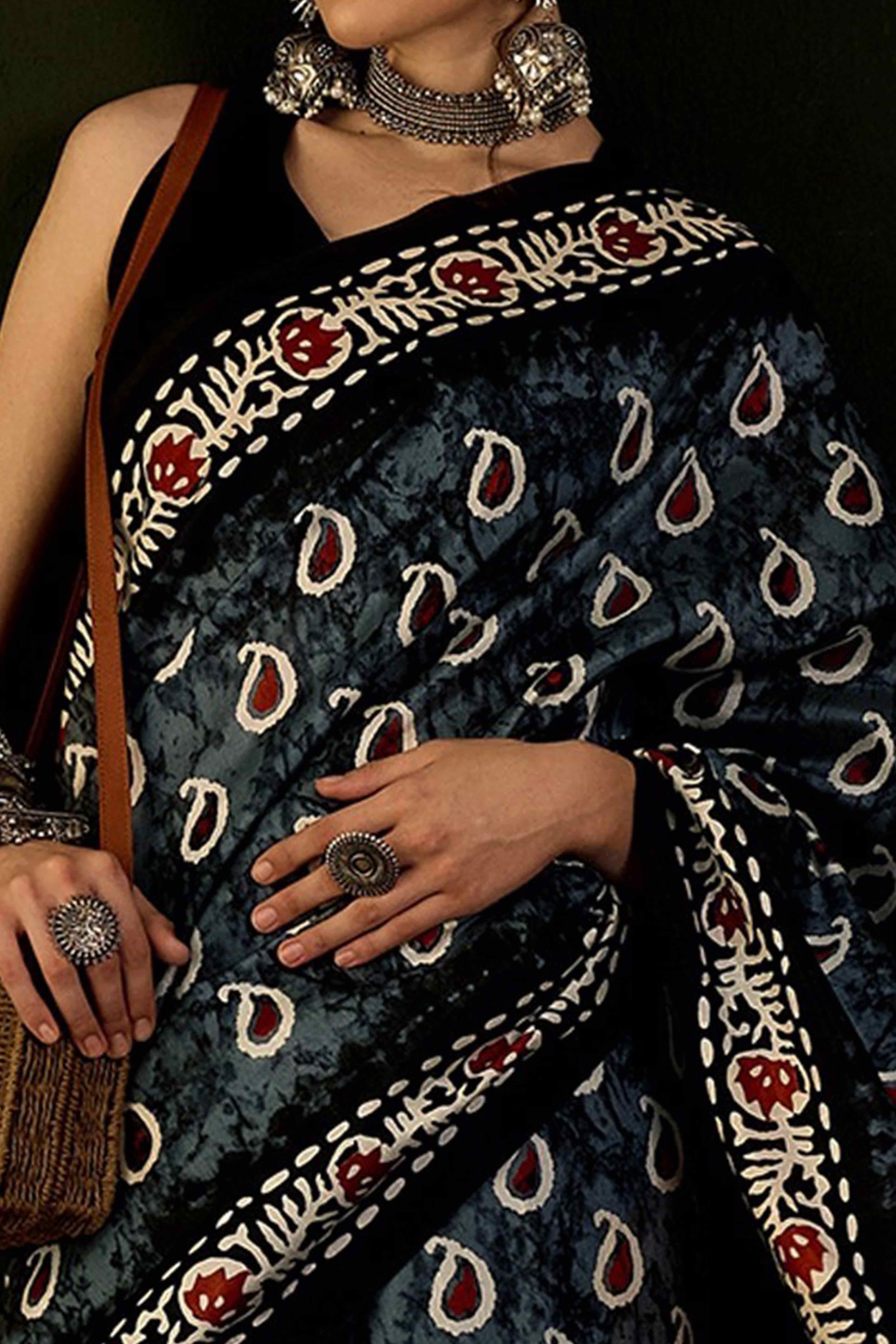 Black & Grey Printed Bhagalpuri Silk Saree