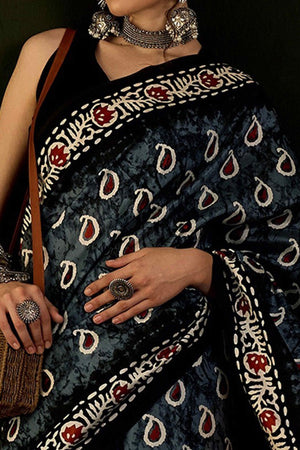 Black & Grey Printed Bhagalpuri Silk Saree