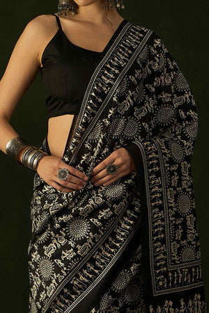 Black Printed Bhagalpuri Silk Saree