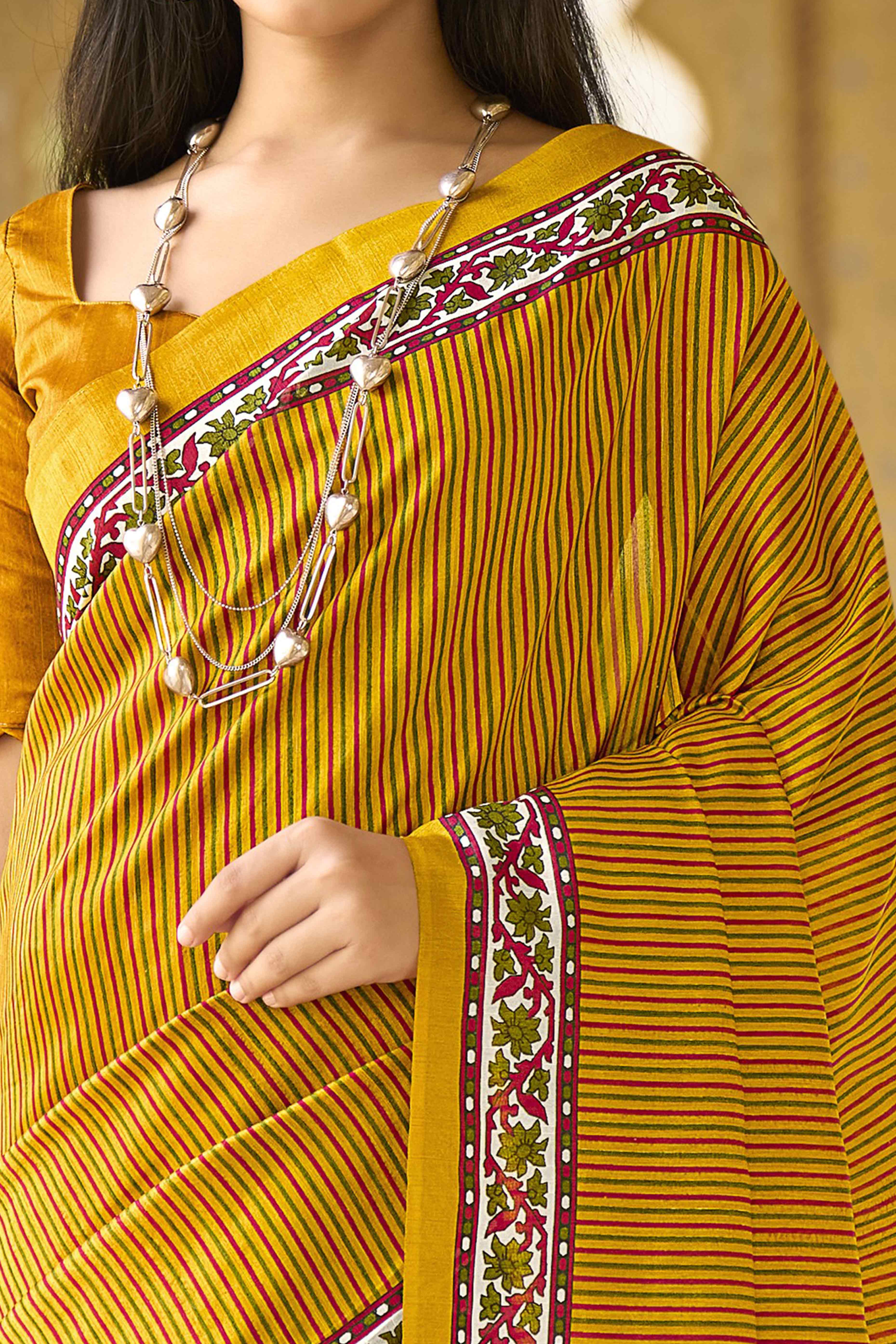 Mustard Striped Printed Bhagalpuri Silk Saree