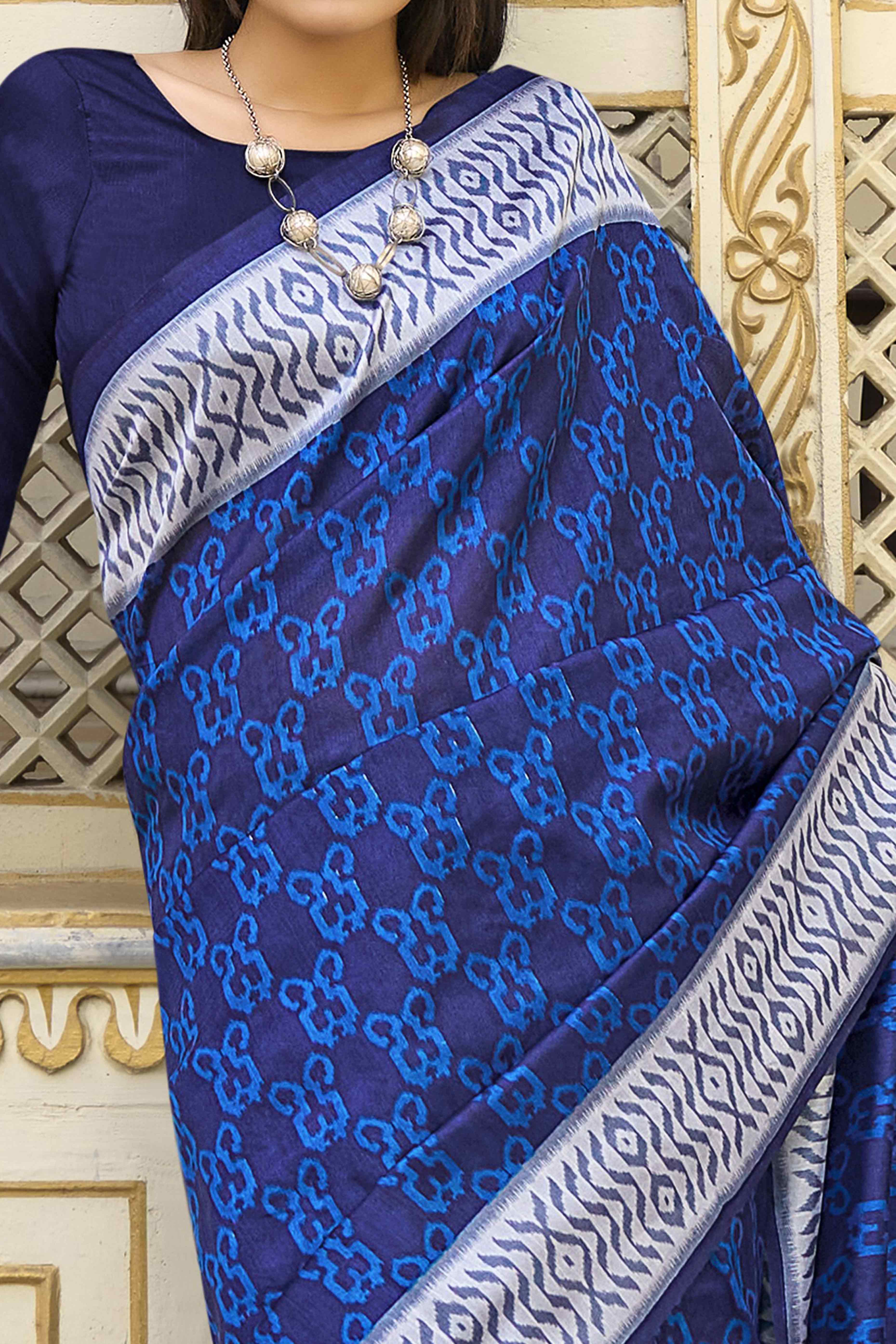 Navy Blue Printed Bhagalpuri Silk Saree