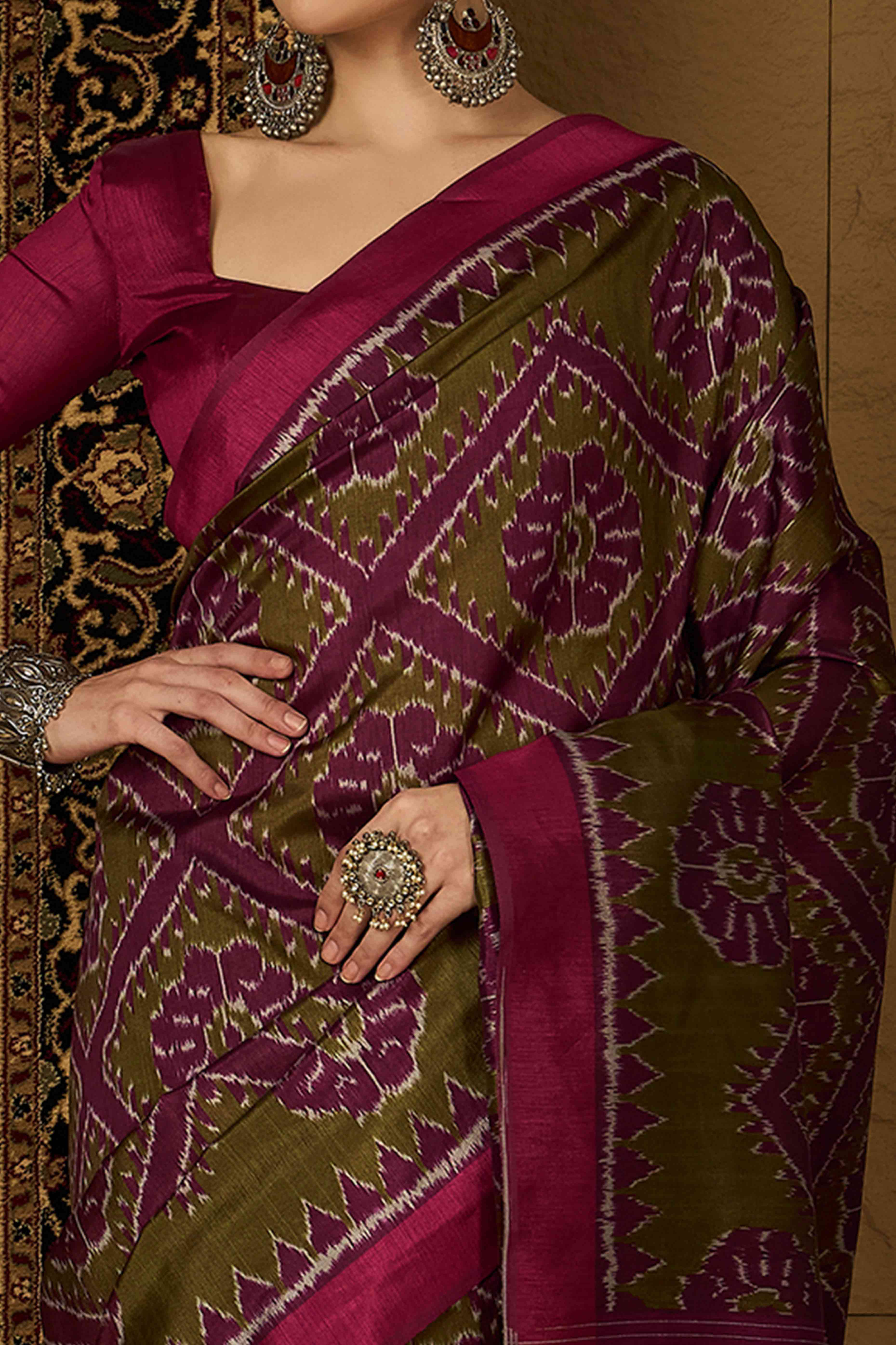 Green & Purple Floral Printed Bhagalpuri Silk Saree