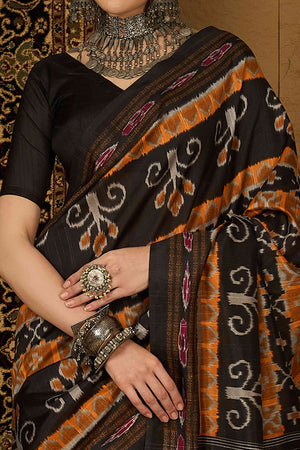 Black & Orange Floral Printed Bhagalpuri Silk Saree
