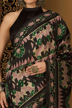 Black Floral Printed Bhagalpuri Silk Saree