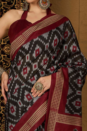 Black & Maroon Printed Bhagalpuri Silk Saree