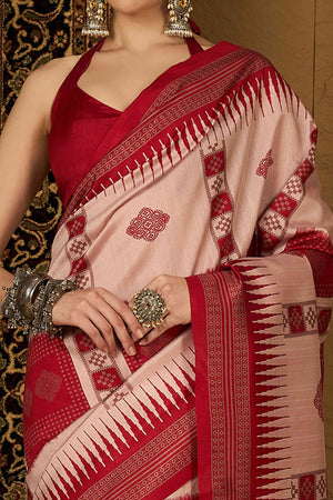 Peach & Red Printed Bhagalpuri Silk Saree
