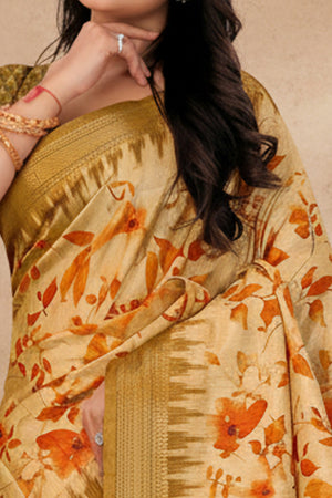 Chic Mehendi Green Floral Print Cotton Silk Saree Featuring Woven Border & Decorative Tassel Pallu