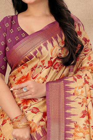 Chic Purple Floral Print Cotton Silk Saree Featuring Woven Border & Decorative Tassel Pallu