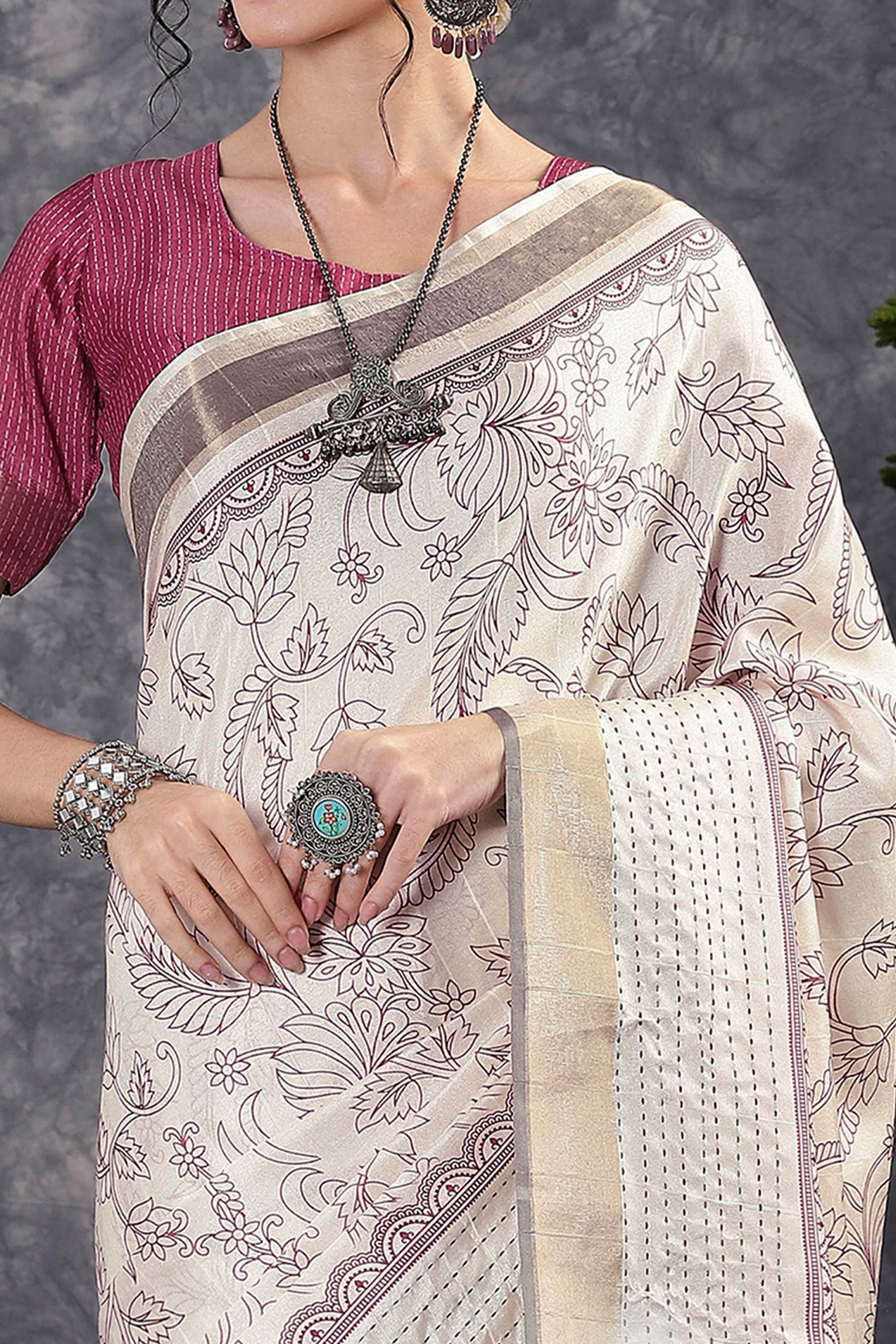 Offwhite & Magenta Floral Printed Kotha Cotton Silk Saree With Beautifully Crafted Katha Embroidery