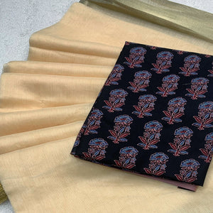 Beige Woven Solid Cotton Silk Saree With Tassels