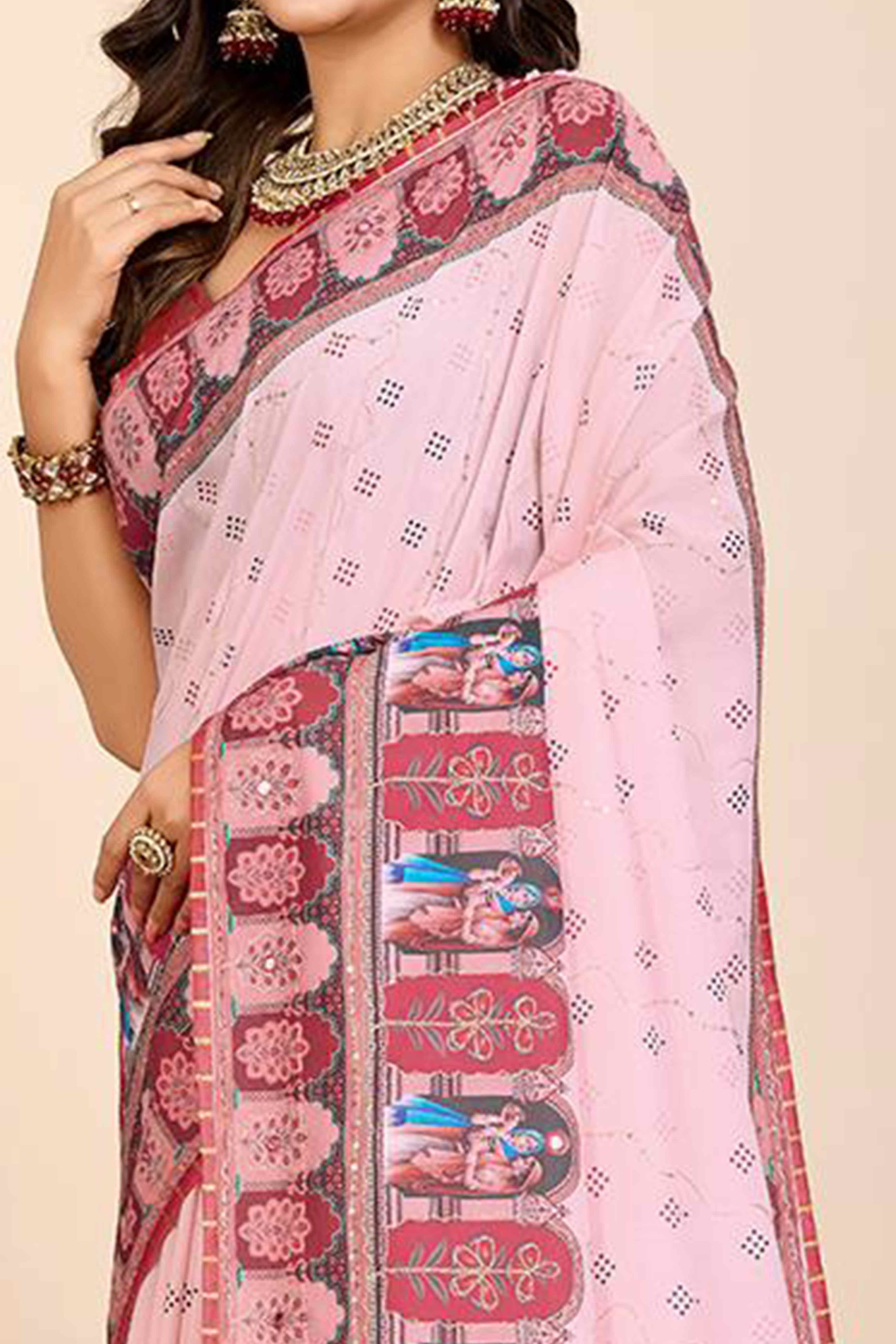 Light Pink Digital Printed With Mirror Embroidery Work Muslin Saree