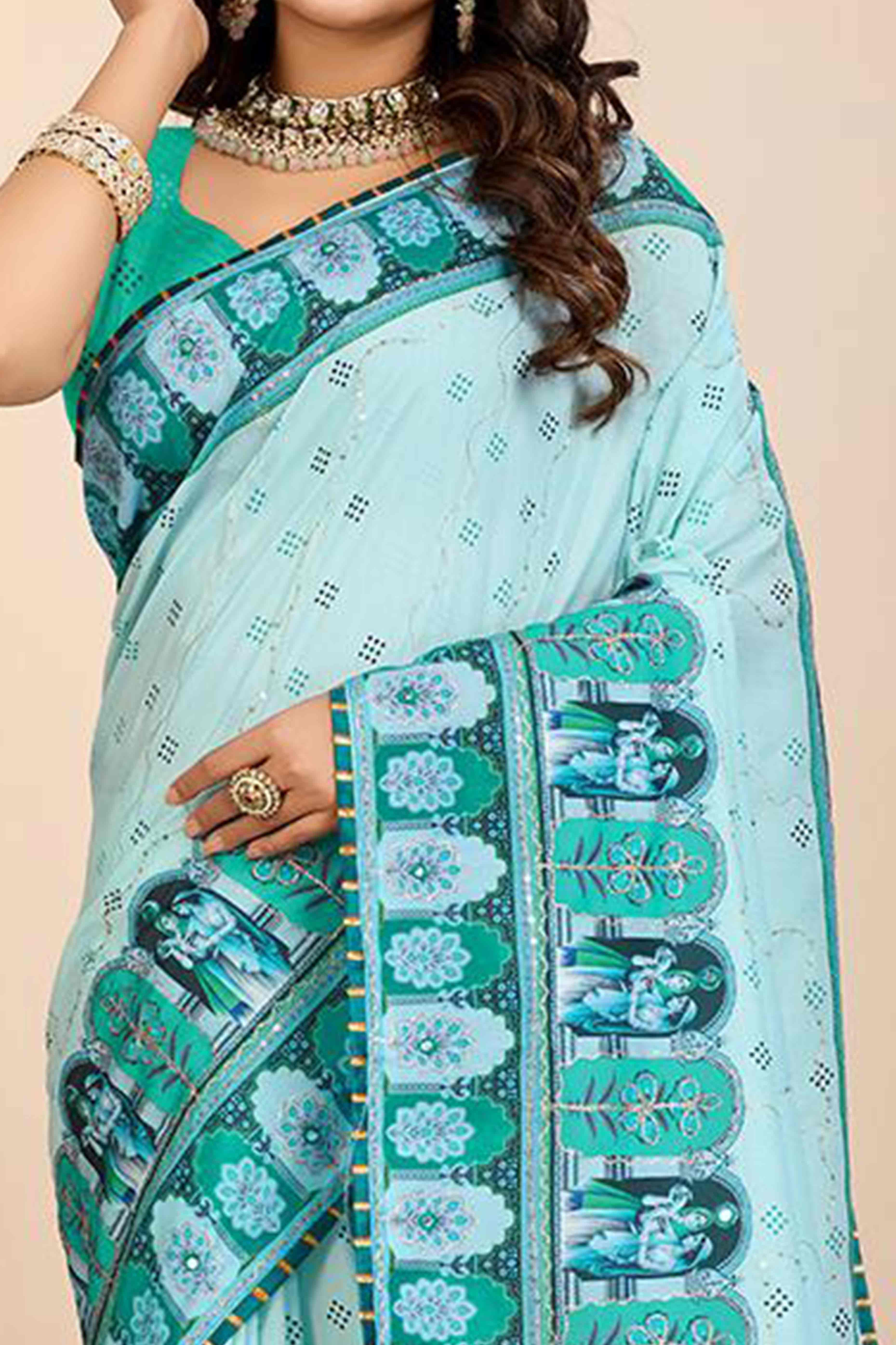 Light Blue Digital Printed With Mirror Embroidery Work Muslin Saree