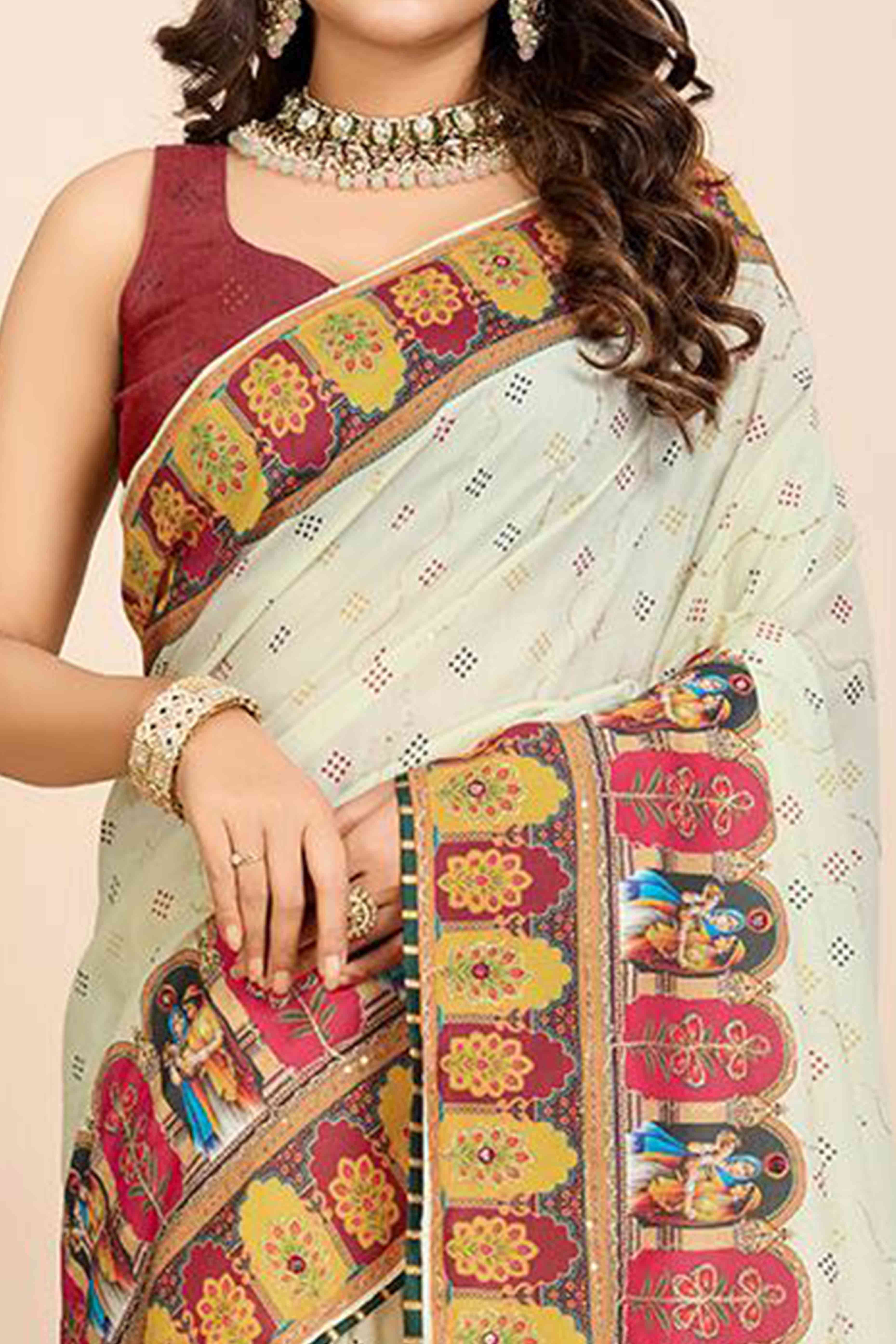 Light Pista Green Digital Printed With Mirror Embroidery Work Muslin Saree