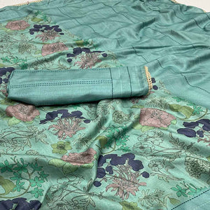 Blue Floral Digital Printed Tussar Silk Saree