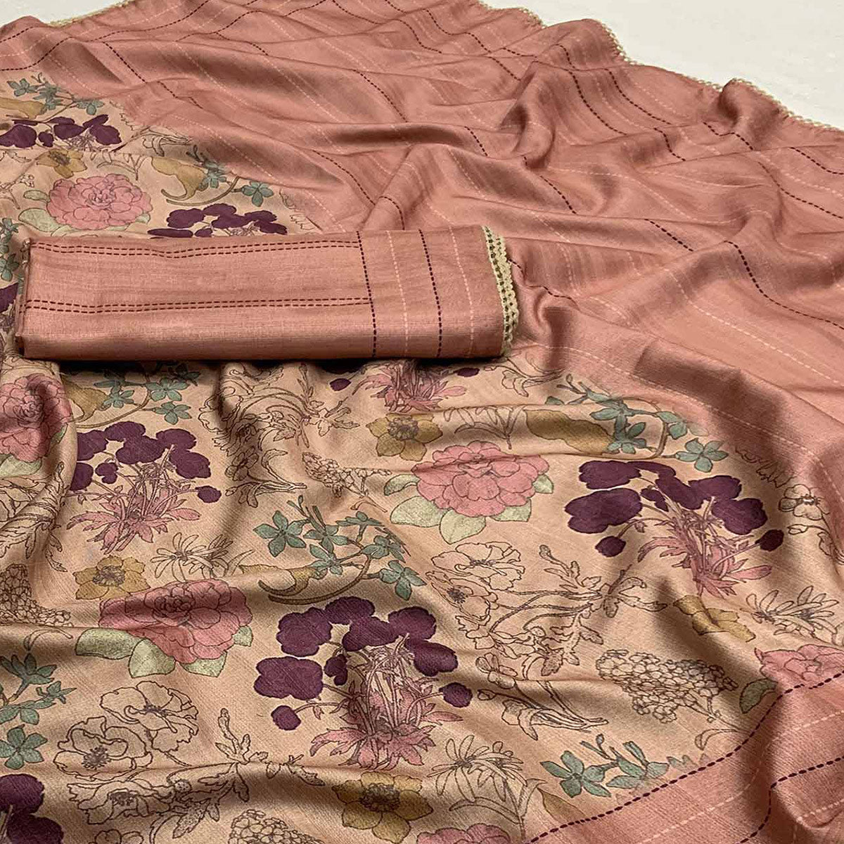 Peach Floral Digital Printed Tussar Silk Saree