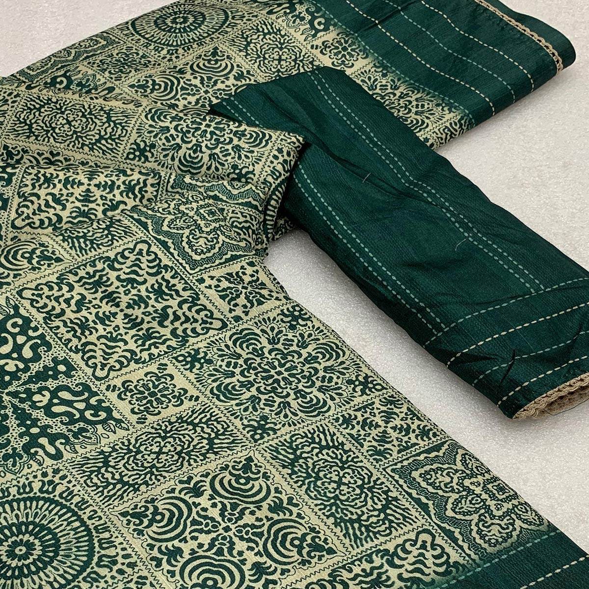 Green Ajrakh Printed Tussar Silk Saree