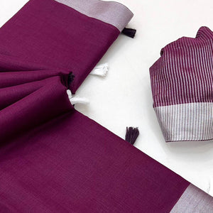Wine Solid Pure Linen Saree With Zari Woven Border