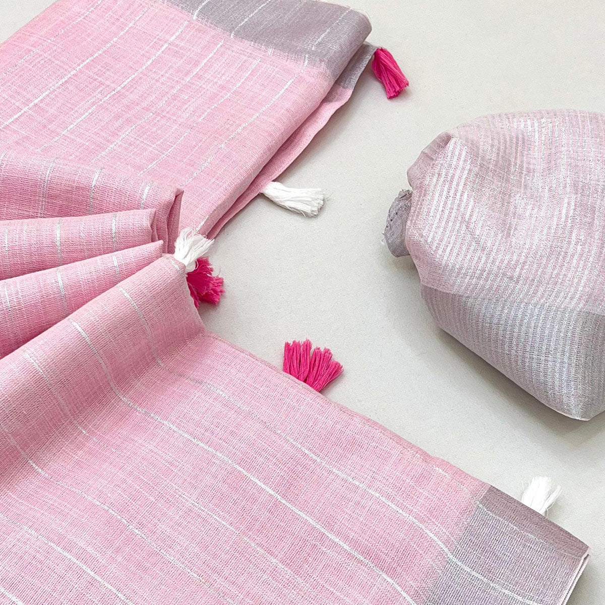 Pink Zari Woven Linen Saree With Tassels