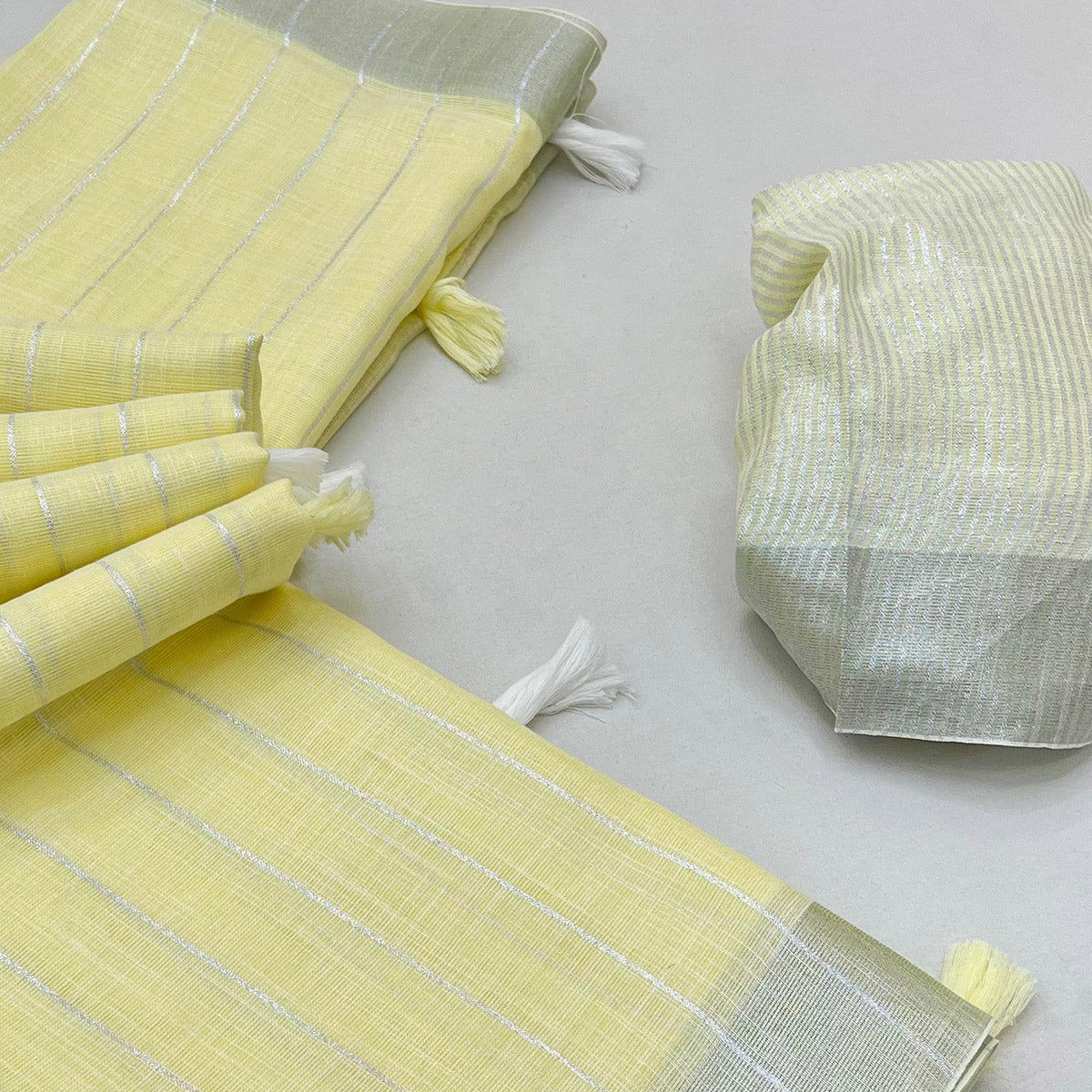 Yellow Zari Woven Linen Saree With Tassels