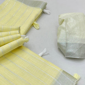 Yellow Zari Woven Linen Saree With Tassels