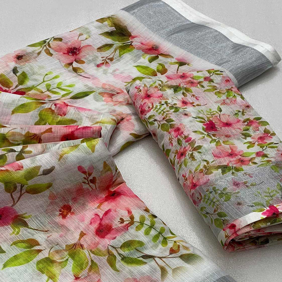 White & Pink Printed Soft Linen Saree