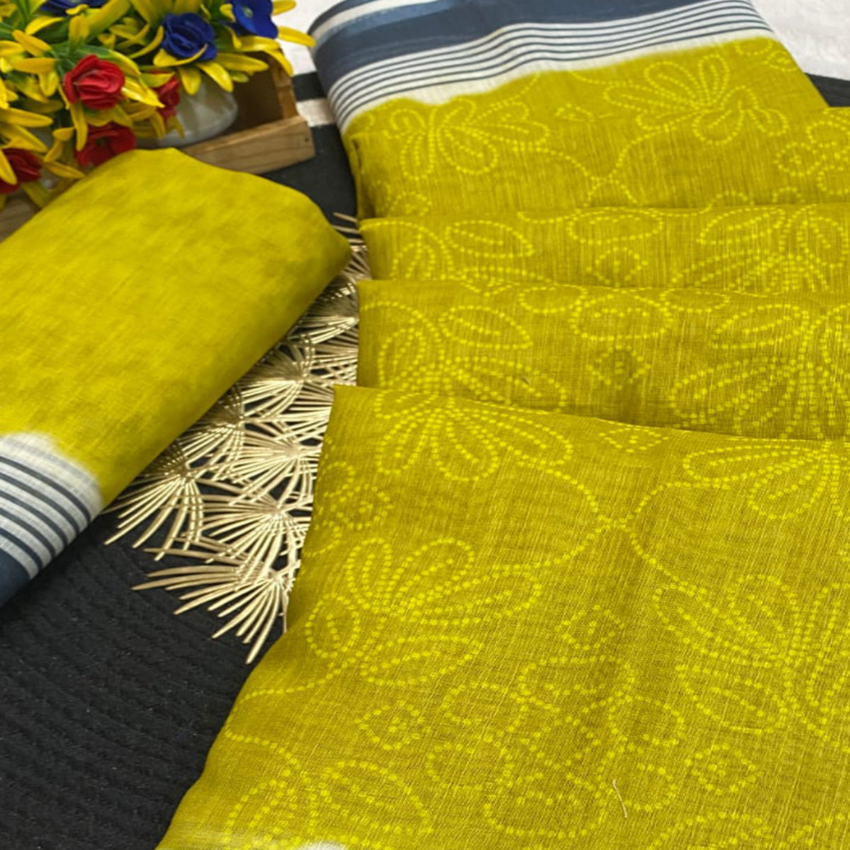 Olive Pure Linen Saree with Authentic Bandhani Print