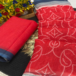 Red Pure Linen Saree with Authentic Bandhani Print
