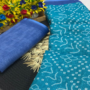 Teal Pure Linen Saree with Authentic Bandhani Print