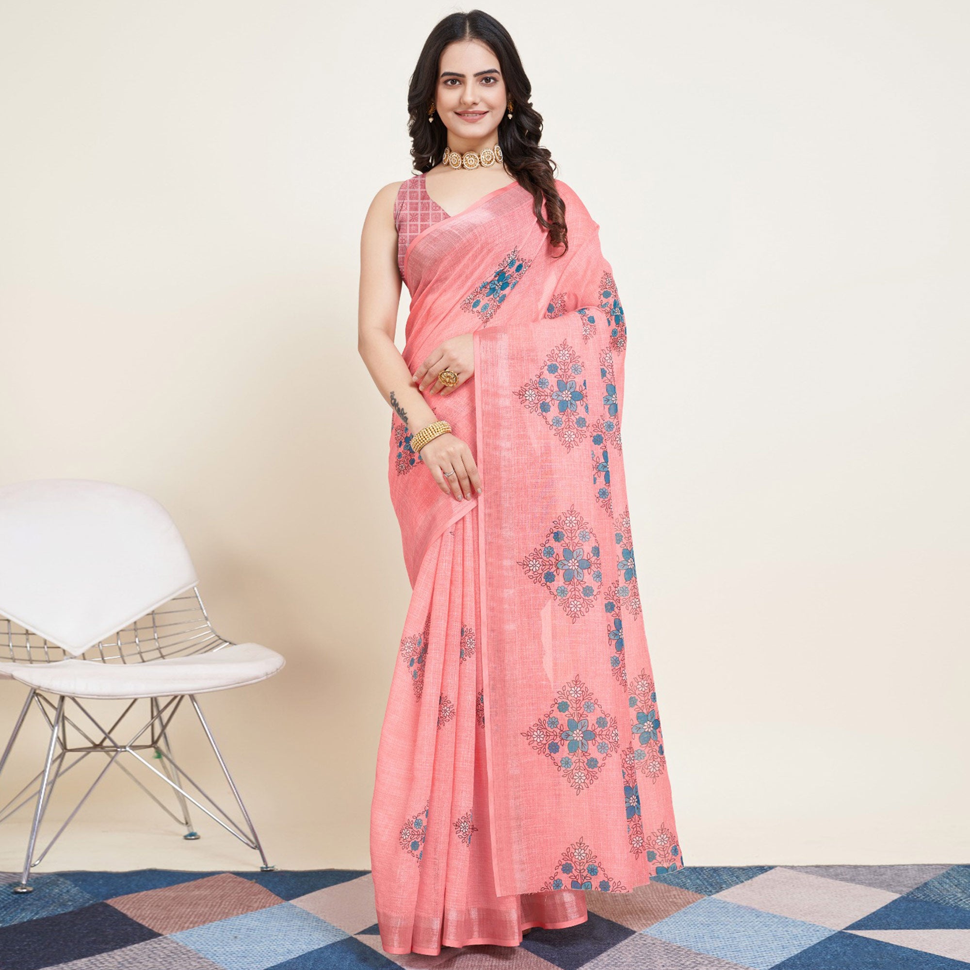 Peach Floral Printed Linen Saree