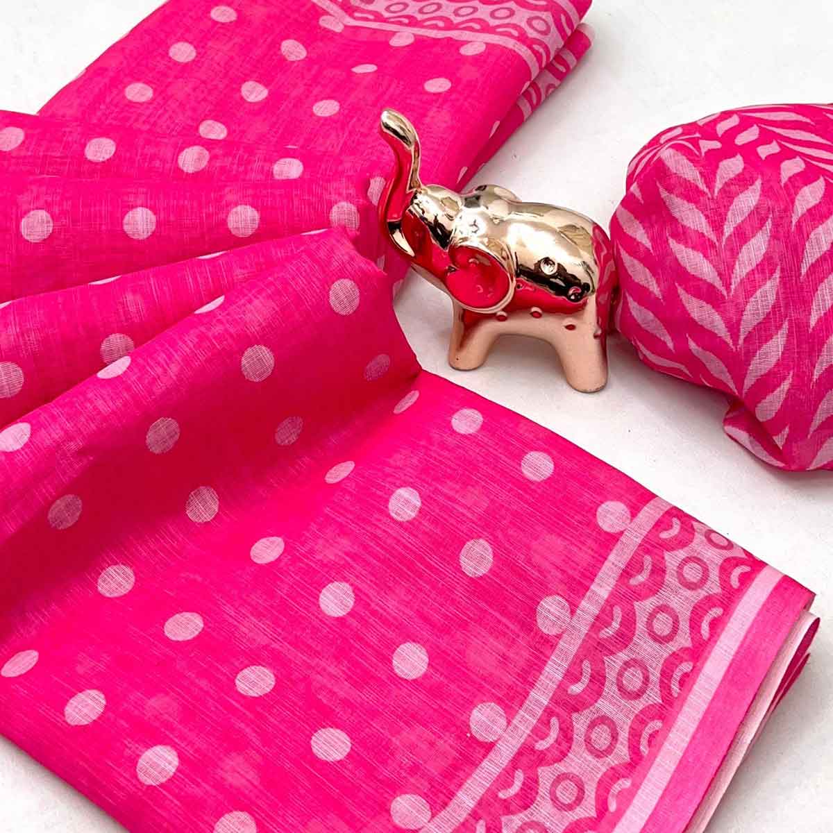 Pink Floral Print Saree in Breathable Pure Linen Fabric