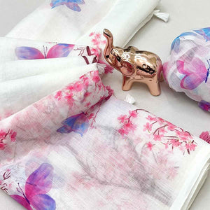 White Floral Print Saree in Breathable Pure Linen Fabric