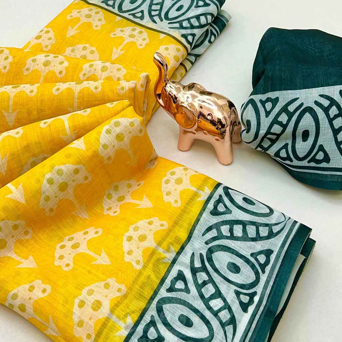 Yellow Floral Print Saree in Breathable Pure Linen Fabric