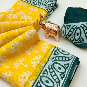Yellow Floral Print Saree in Breathable Pure Linen Fabric