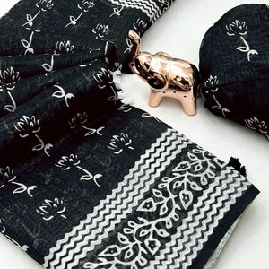 Black Soft Linen Saree with Artistic Print