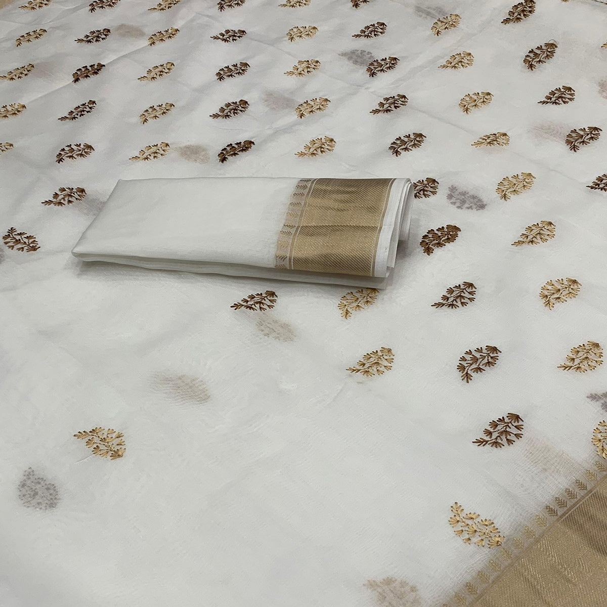 White Floral Embroidered Cotton Silk Saree Woven Border