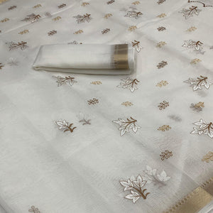 White Floral Embroidered Cotton Silk Saree Woven Border