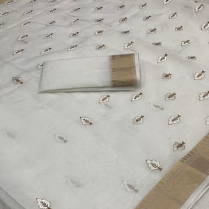 White Floral Embroidered Cotton Silk Saree Woven Border