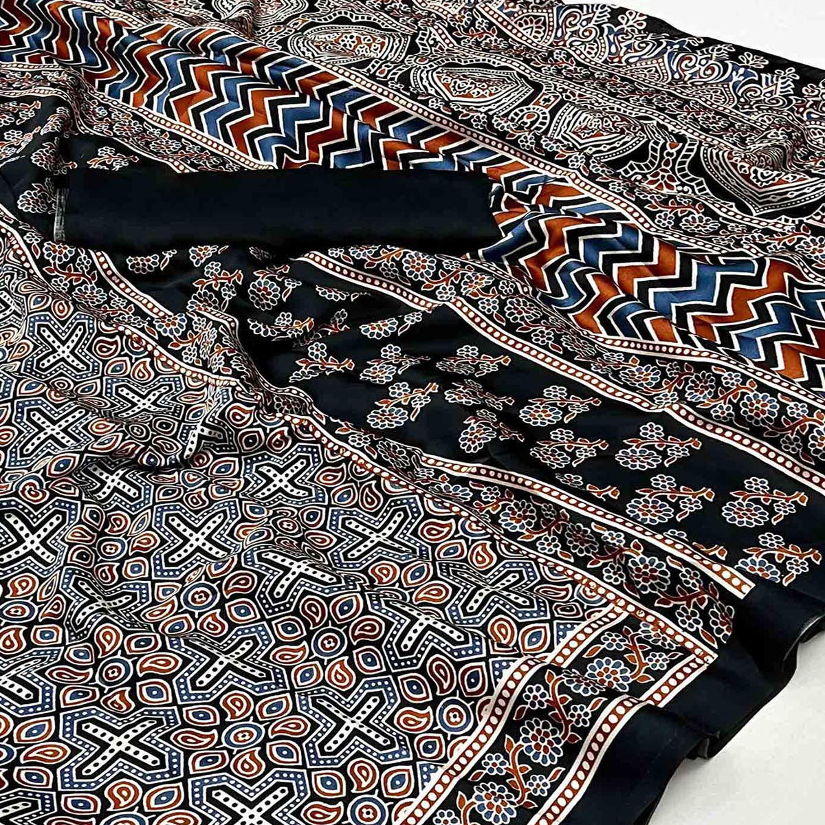 Black Ajrakh Printed Satin Saree