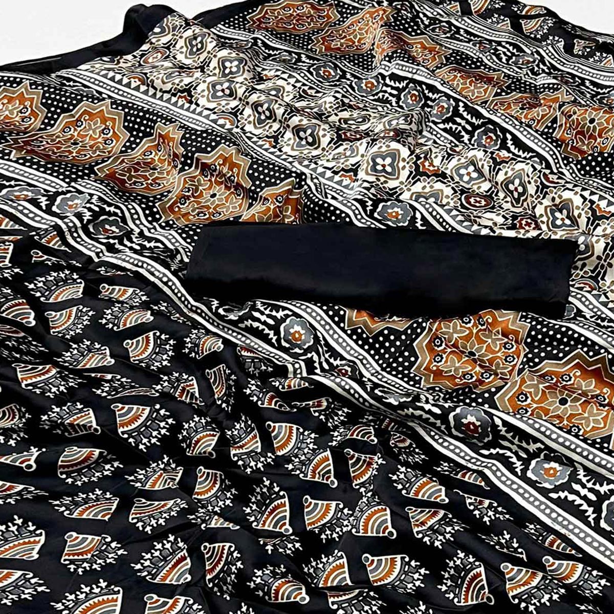 Black Ajrakh Printed Satin Saree