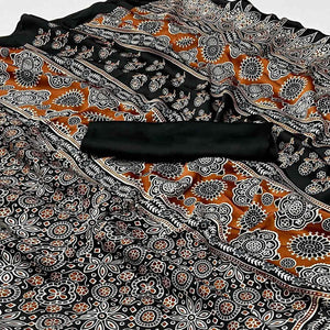 Black Ajrakh Printed Satin Saree